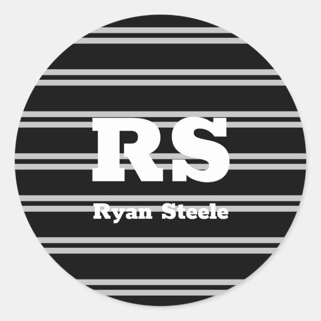 Dicke weiße Monogramm und Name, Lt Gray Lines auf  Runder Aufkleber (Vorderseite)