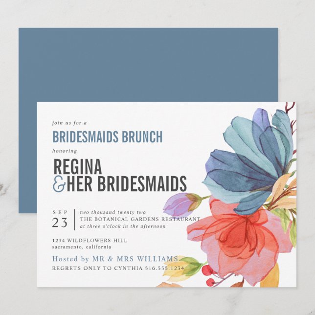 Dicke Wildblumen Blue Bridesmaids Brunch Mittagess Einladung (Vorne/Hinten)