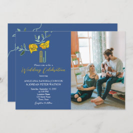 Dicke Yellow Navy Blue Monogram Foto Wedding Einladung