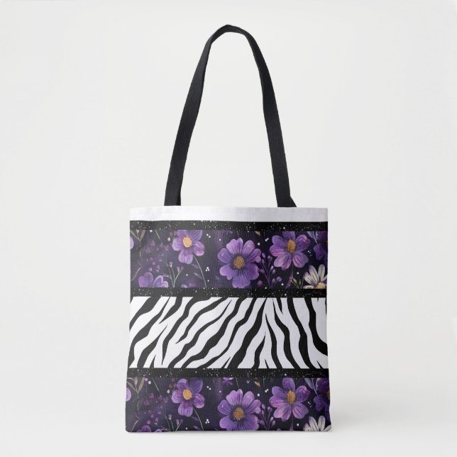 Dicke zebra lila, blumenschwarze Tasche (Vorderseite)