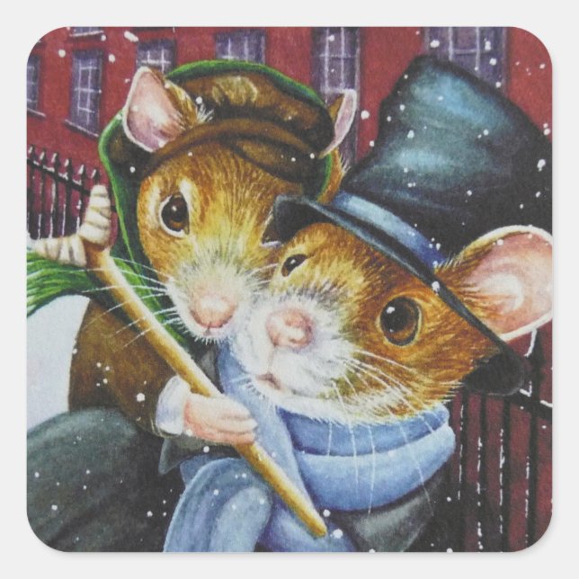 Dickens Christmas Carol Mice Quadratischer Aufkleber (Vorderseite)