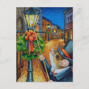 Dickens Christmas Lamplighter Maus Watercolor Art Postkarte