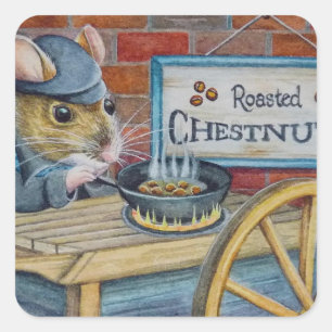 Dickens Christmas Mouse Rösten Kastanien Kunst Quadratischer Aufkleber