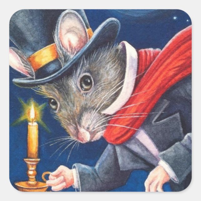 Dickens Christmas Scrooge Mouse Watercolor Art Quadratischer Aufkleber (Vorderseite)