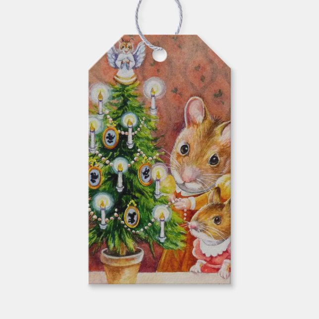 Dickens Christmas Tree Trimming Mouse Art Geschenkanhänger (Vorderseite)