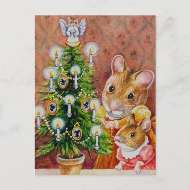 Dickens Christmas Tree Trimming Mouse Art Postkarte (Vorderseite)