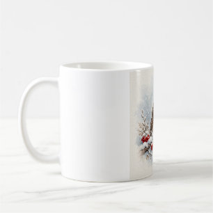 Dickes Rotkehlchen auf schneebedecktem Ast Winterb Kaffeetasse