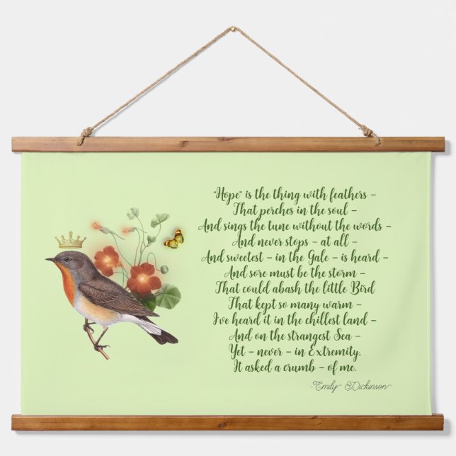 Dickinson Hope Poem & Crown Bird Wandteppich Mit Holzrahmen (Vorne)