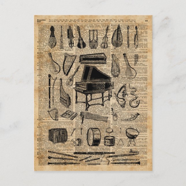 Dictionary Art Vintag Music Instruments Postkarte (Vorderseite)