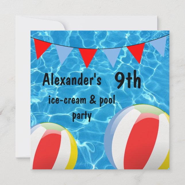 Die 9. Eiscreme des Jungen u. Pool Party Einladung (Vorderseite)