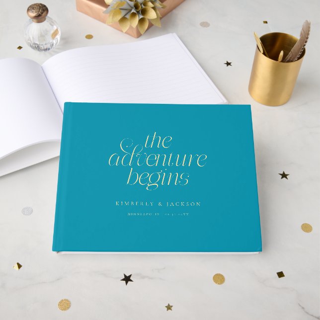 Die Abenteuer Beginnen Aqua Blau Hochzeit Gästebuch (Vorderseite Offen)