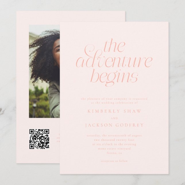 Die Abenteuer Beginnen Minimal Hochzeit Pfirsich  Einladung (Vorne/Hinten)
