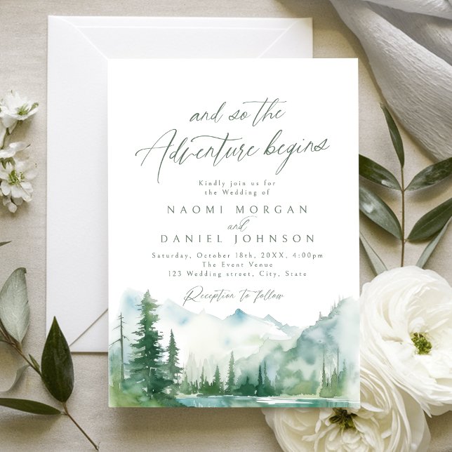 Die Abenteuer beginnen Rustikale Hochzeit im Gebir Einladung (The Adventure Begins Mountain Rustic Wedding Invitation)