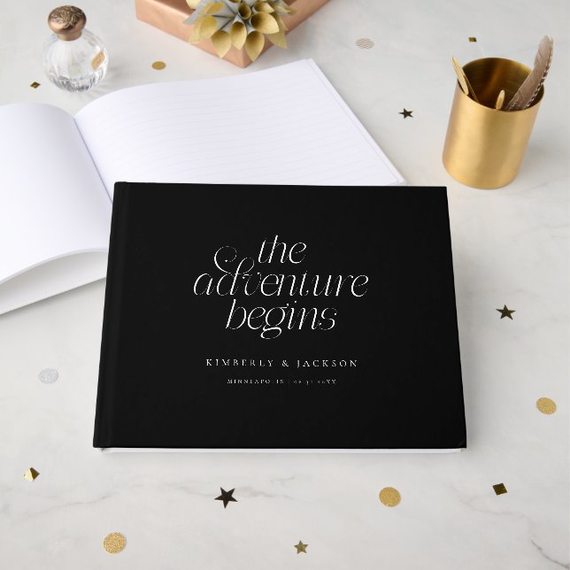 Die Abenteuer Beginnen Schwarze Hochzeit Gästebuch (Vorderseite Offen)