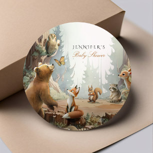 Die Abenteuer warten auf das Woodland-Baby-Shower Runder Aufkleber