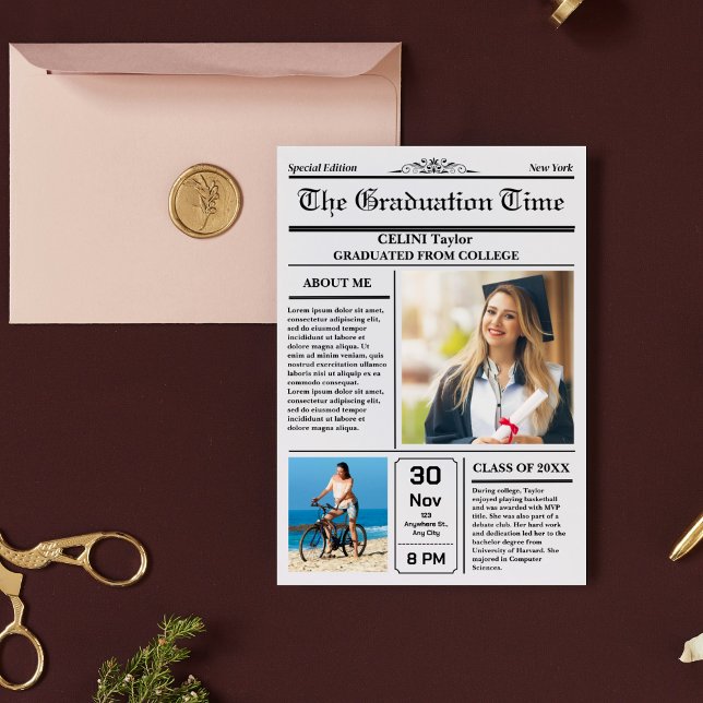 Die Abschluss News! Druckfähige Zeitung Keepake Einladung (The Graduation News! Printable Newspaper Keepsake Invitation)