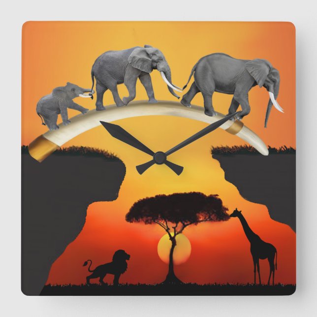 DIE AFRIKANISCHE ELEPHANISCHE FAMILIE QUADRATISCHE WANDUHR (Vorderseite)