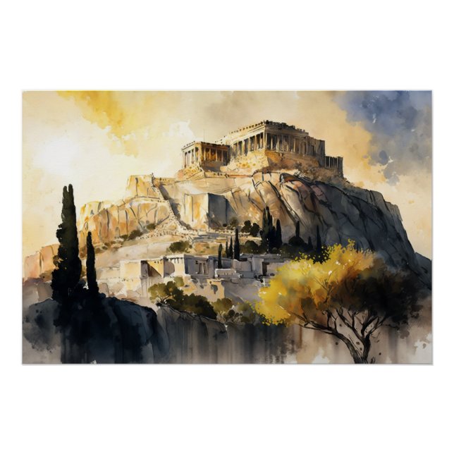 Die Akropolis von Athen, Öl und Aquarell Poster (Vorderseite)
