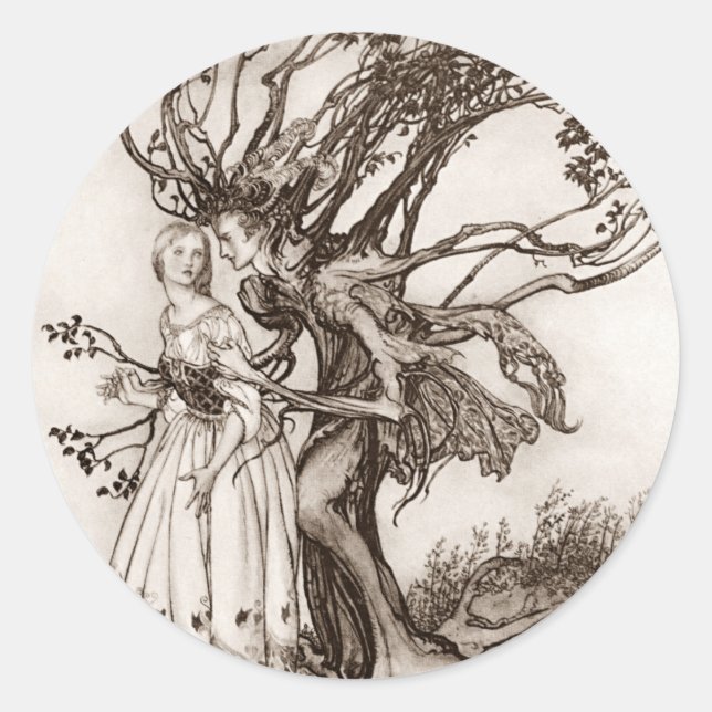 Die alte Frau im Wald von Arthur Rackham Runder Aufkleber (Vorderseite)