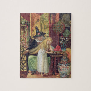 Die alte Hexe, die Gerda Haar mit einem goldenen c Puzzle