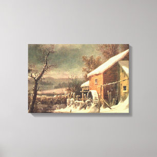 Die alte Mühle im Winter Currier & Ives Leinwand d
