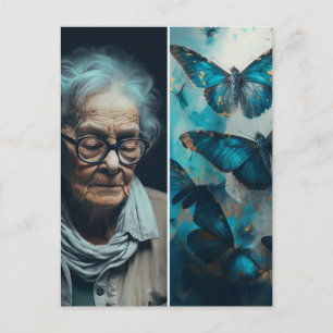 Die ältere Frau mit blauen Schmetterlingen Postkar Postkarte