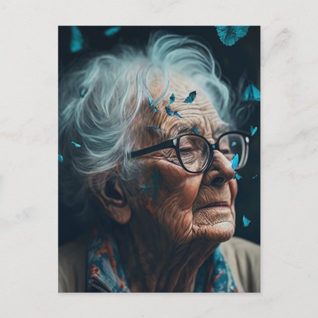 Die ältere Frau mit blauen Schmetterlingen Postkar Postkarte (Vorderseite)