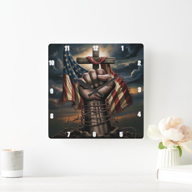 Die amerikanische Flagge überquert Patriot Stärke  Quadratische Wanduhr (Zuhause)