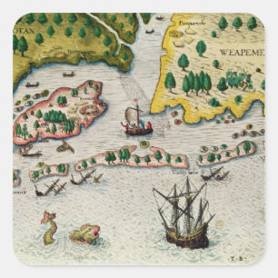Die Ankunft der Engländer in Virginia Quadratischer Aufkleber
