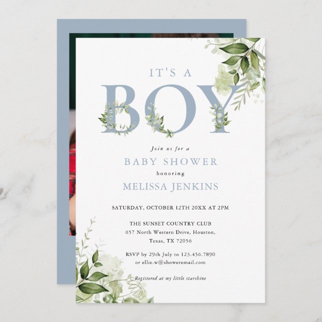 Die Babydusche des Fotos ist ein Junge Dusty Blue  Einladung (Vorne/Hinten)