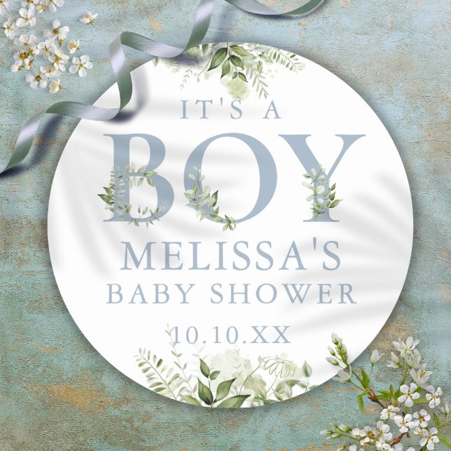 Die Babydusche ist ein Baby Dusty Blue Greenerity Runder Aufkleber (Its A Boy Dusty Blue Greenery Baby Shower Classic Round Sticker)