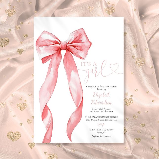 Die Babydusche ist ein elegantes Mädchen in Rosa. Einladung (Its A Girl Elegant Pink Bow Baby Shower Invitation)