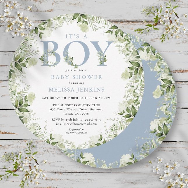 Die Babydusche ist eine Junge-Grüne Dusty Blue Let Einladung (Its A Boy Greenery Dusty Blue Letter Baby Shower Invitation)