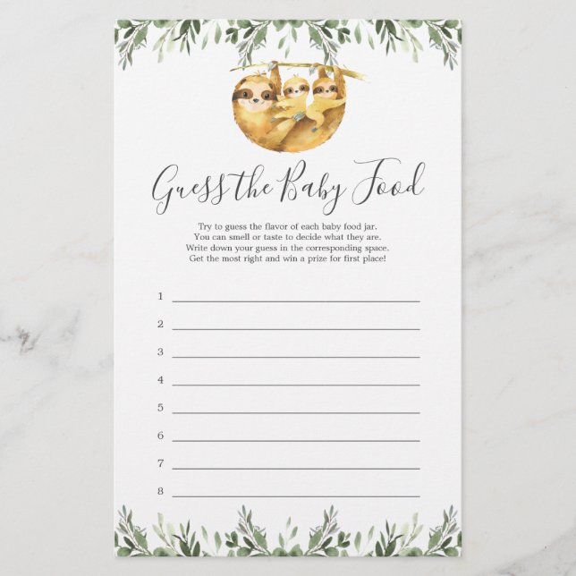 Die Babydusche von Sloth rät das Baby Food Game (Vorderseite)