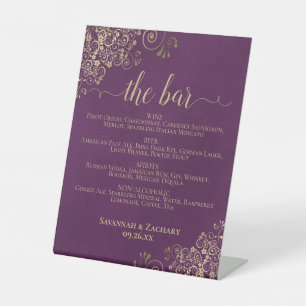 Die Bar - Plum Lila & Gold Drinks Menü Hochzeit Sockelschild