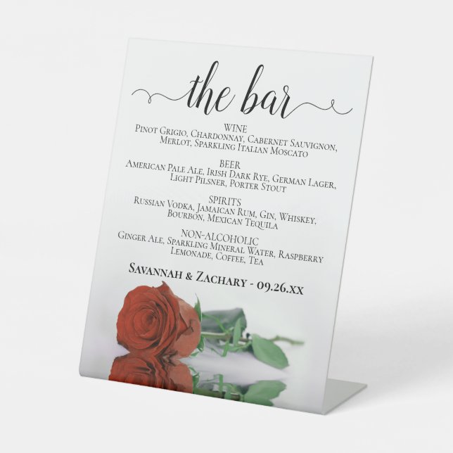 Die Bar - Rost Orange Rose Drinks Menü Hochzeit Sockelschild (Vorderseite)
