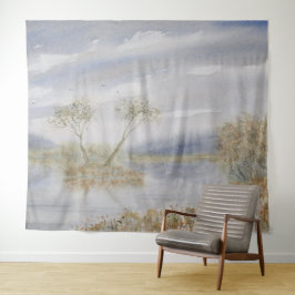 Die Baumwipfel Insel Wasserfarbenwelt Landschaft Wandteppich