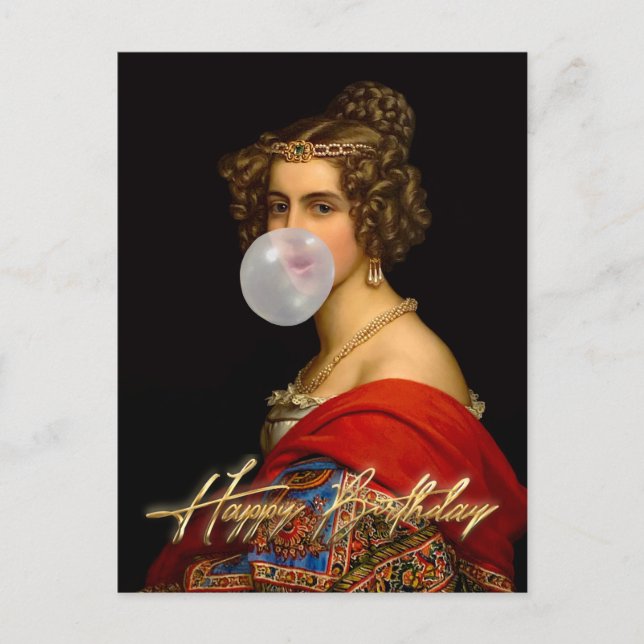 Die bayerische Schönheit und das bubble Gum glückl Postkarte (Vorderseite)