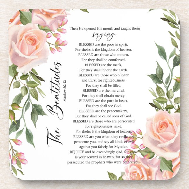 Die Beatitudes Matthew 5:3-12 Rose der Schrift Getränkeuntersetzer (Vorderseite)