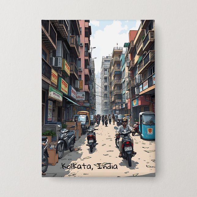 Die belebte Straße im Zentrum von Kalkutta, Indien Button (Vorderseite)