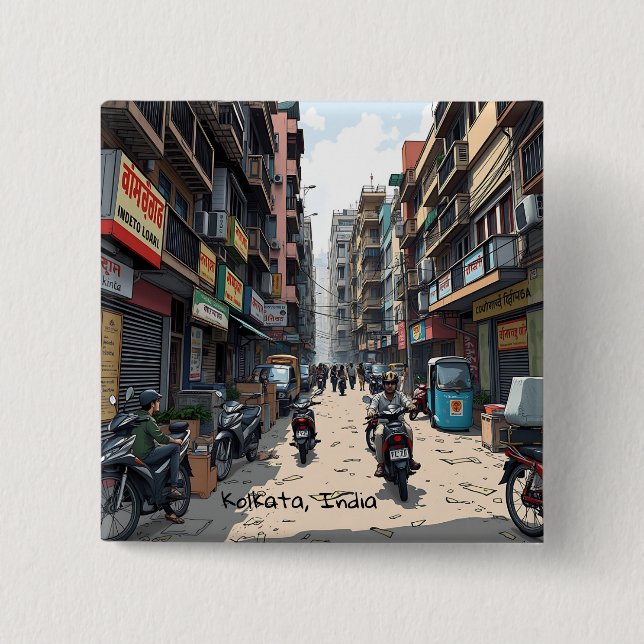 Die belebte Straße im Zentrum von Kalkutta, Indien Button (Vorderseite)