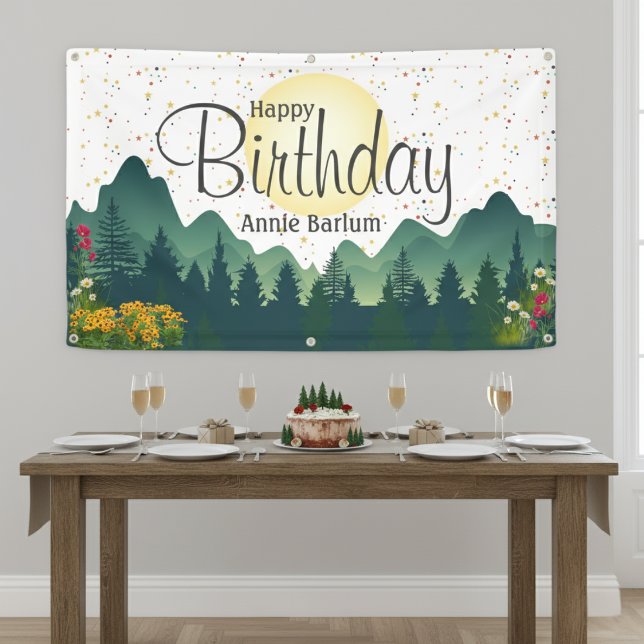 Die "Bergseite"-Geburtstagsbanner Banner (The "Mountain Escape" Birthday Banner | Personalized Wilderness Party Décor)