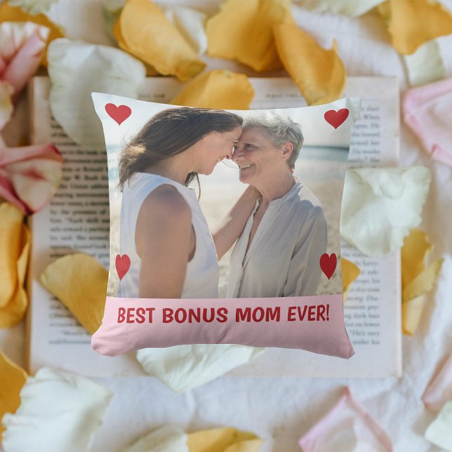 Die beste Bonus-Mama für jedes Foto Herzenslust Mu Kissen (Best Bonus Mom EVER! Hearts on Personalized Photo. Modern Mother's Day gift for Stepmom / Second Mom)