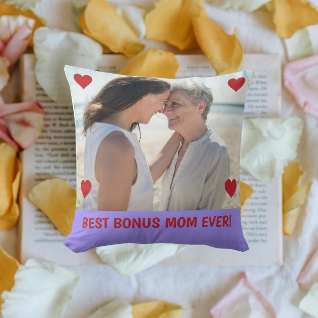 Die beste Bonus-Mama für jedes Foto Herzenslust Mu Kissen (Best Bonus Mom EVER! Hearts on Personalized Photo. Modern Mother's Day gift for Stepmom / Second Mom)