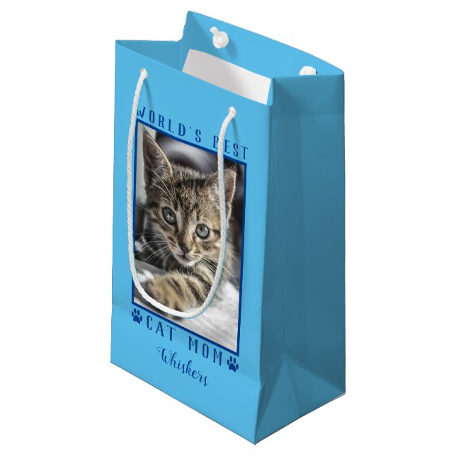 Die beste Cat Mama Prints Pet Foto Blue Kleine Geschenktüte (Vorderseite Schrägansicht)