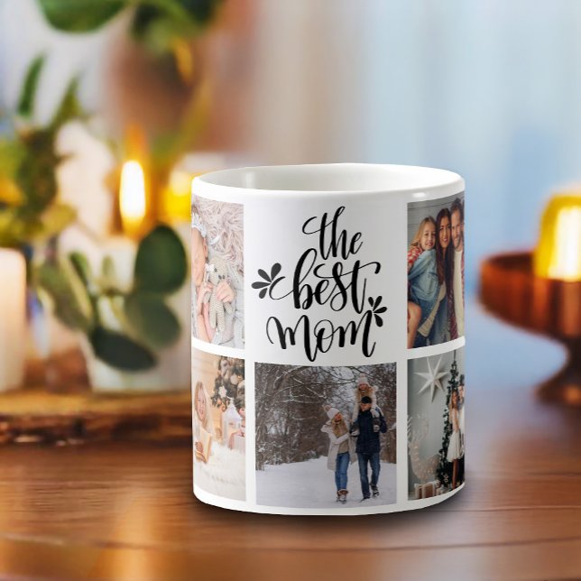 Die beste Mama FotoCollage Moderne Typografie Kaffeetasse (This modern mug features 9 square photos and hand-lettered "the Best Mom".)
