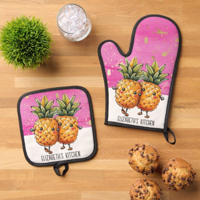 Die besten Freunde Ananas Kawaii Ananas Niedlich P Ofenhandschuh & Topflappen-Set (Oben Unten)