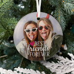 Die besten Freunde für immer moderne BESTE FREUNDI Ornament Aus Glas<br><div class="desc">Moderne Foto-Ornament mit einem trendigen Best Friends Forever-Overlay in weißer,  moderner Schrift mit einem niedlichen rosa Herz. Einfach anpassbar,  indem Sie Ihr Lieblings-Foto hinzufügen,  indem Sie die Vorlage bearbeiten.</div>
