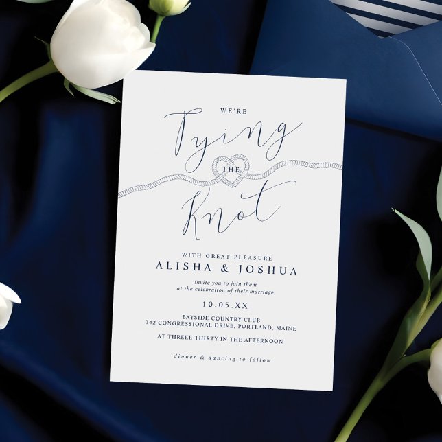 Die Bindung der Brustwarzen an die Navy und die We Einladung (Tying The Knot Rope Heart Nautical Navy & White Invitation)