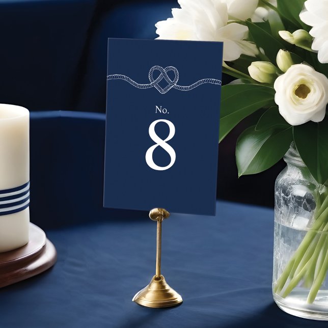 Die Bindung der Brustwarzen an die Navy und die We Tischnummer (Tying The Knot Rope Heart Nautical Navy & White Table Number)